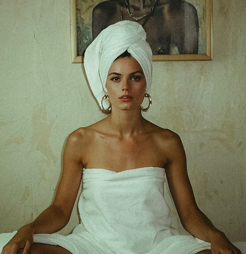 Woman wrapped in a towel with a white towel on her head, sitting in a room.